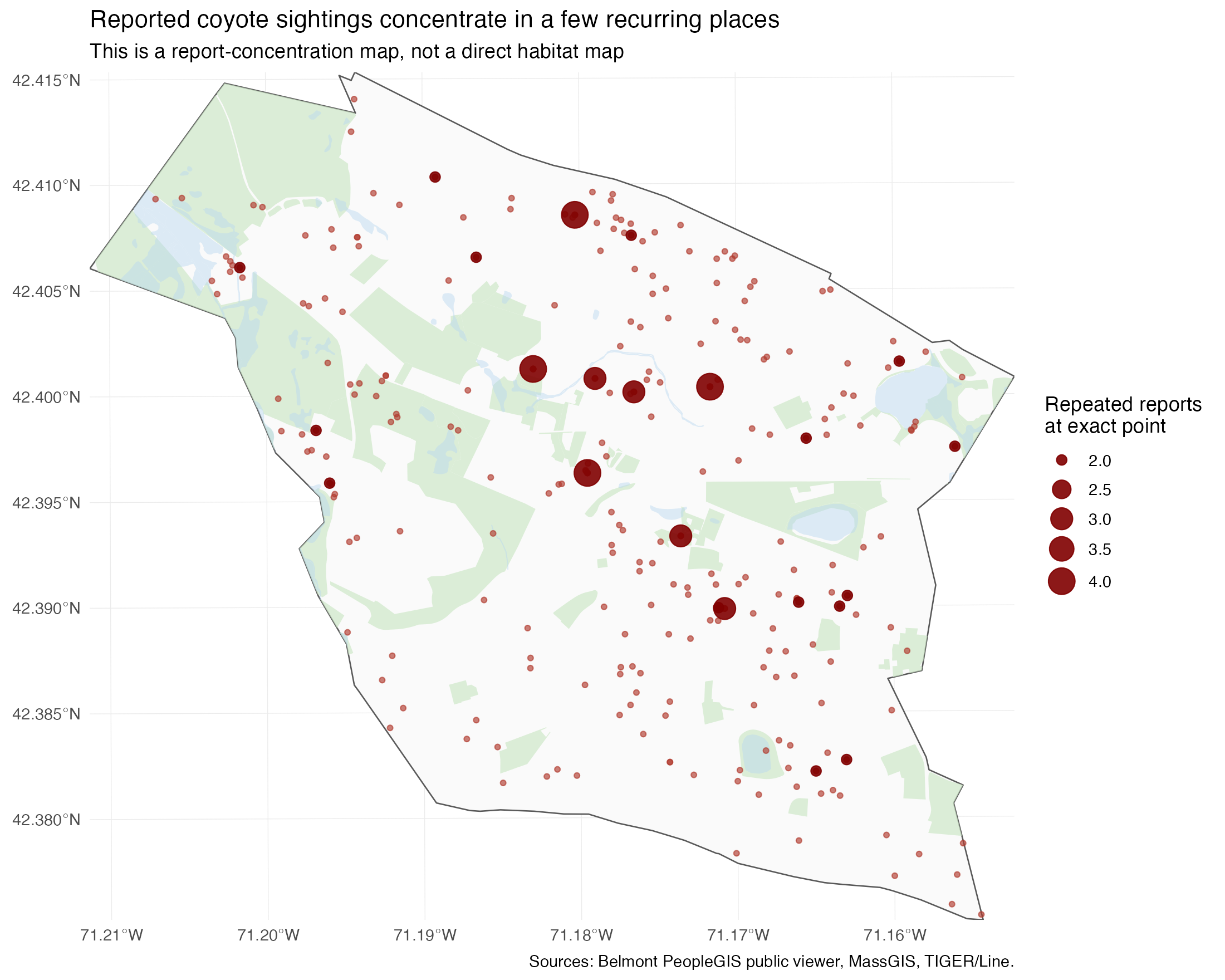 Belmont coyote reports with open space, wetlands, and repeated points