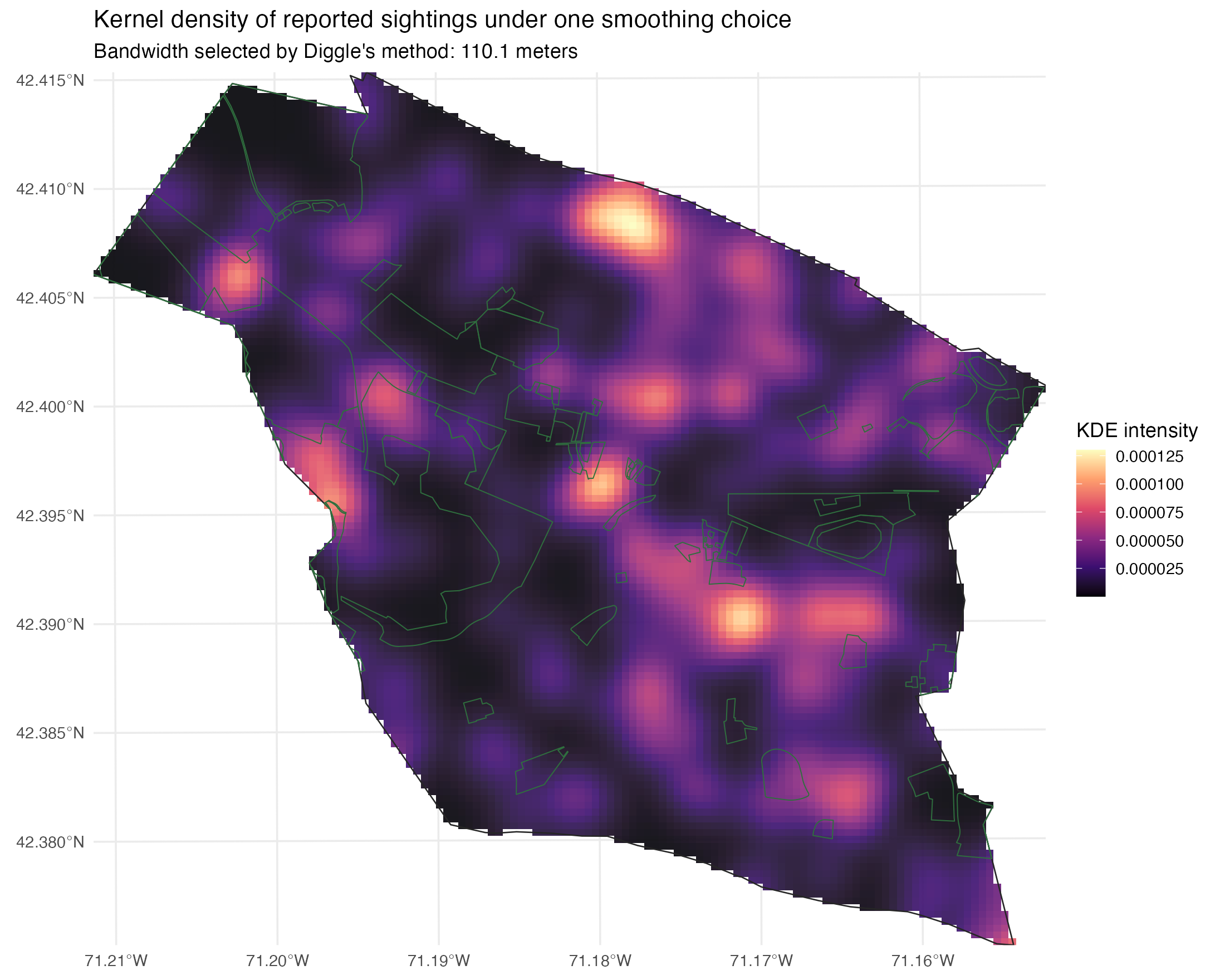 Kernel density of reported coyote sightings under one smoothing choice