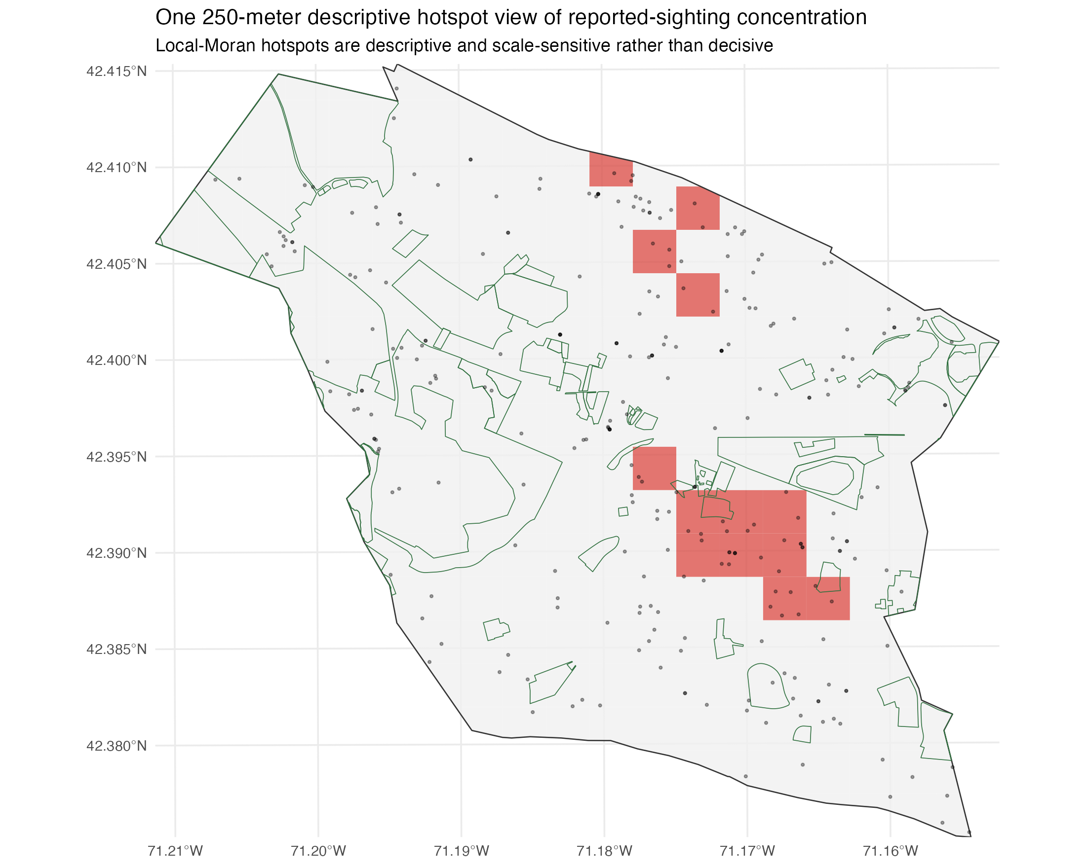 One 250-meter descriptive hotspot view of reported-sighting concentration